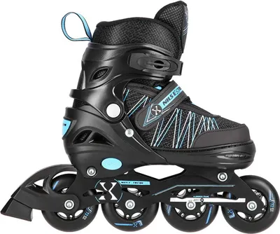 A black and blue inline skate is shown against a white background.