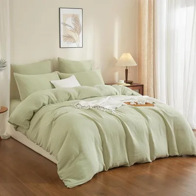 Zdjęcie produktu dla Komplet pościeli 200x200 cm, kolor zielony, 100% bawełna muselina, 3-częściowy, z zamkiem