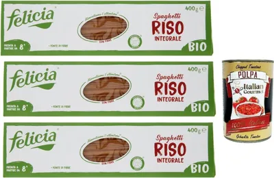 Produktbild von Felicia Spaghetti di Riso Integrale, Pasta mit 100 % braunem Reis aus der italienischen Lieferkette, Natürlich Glutenfrei, Packung mit 3x 400g + Italian Gourmet Polpa di Pomodoro 400g Dose