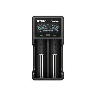 A black XTAR VC2SL battery charger with two battery slots and a digital display.