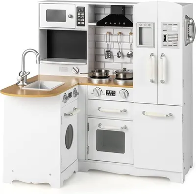 Imagen del producto de Cocina de madera para niños, cocina infantil con lavabo, hornilla, horno, nevera, cocina de esquina, cocina de juguete con accesorios para niños a partir de 3 años (versión de lujo)