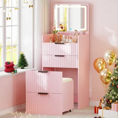 Image de Table de maquillage avec miroir LED et tabouret, 3 tiroirs, rose
