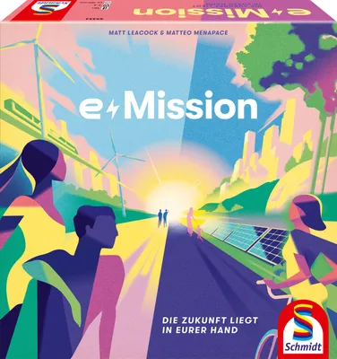 The image shows the box art for the board game 'e+Mission', featuring stylized illustrations of people, renewable energy sources, and a cityscape under a vibrant sunset.