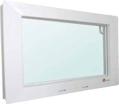 A white window frame with a light blue pane, shown at an angle.