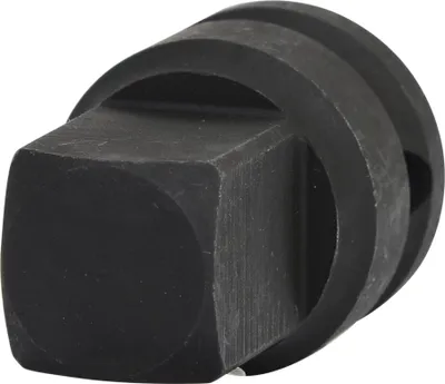 A close-up, studio shot of a black metal tool adapter.