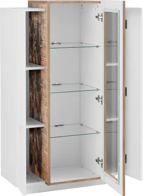Produktbild von Vitrine Standvitrine Vitrinenschrank Beistellschrank Standschrank  "Catania I" Weiß Hochglanz / Ahorn Nachbildung