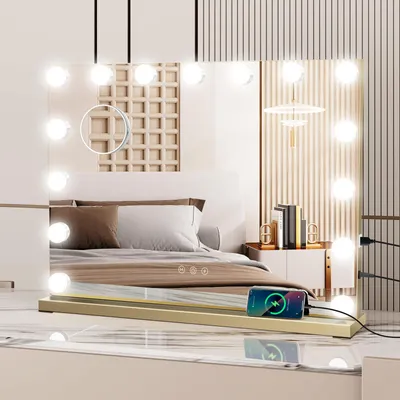 Produktbild von Puluomis Kosmetikspiegel Hollywood 58x45cm Schminkspiegel mit Beleuchtung, 15 LED 3 Farben Dimmbar mit USB,10x Vergrößen, Spiegel Wandspiegel golden