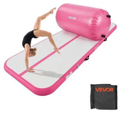 Productafbeelding van VEVOR Opblaasbare Turnmatten Set, 3 x 1 meter, gymnastiekmat met turnstok, roze, voor fitness, buitenshuis en yoga, 3,2 psi, verstevigde naden, handgrepen, inclusief 600W elektrische luchtpomp en opbergtas