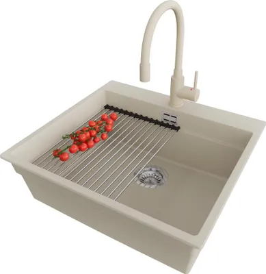 Produktbild von PRIMAGRAN Granitspüle Beige 58x53cm, Spülbecken 1 Becken + Küchenarmatur 38x14cm + Ablauf-Set + Küchenzubehörset, Küchenspüle ab 60er Unterschrank - Oslo Max