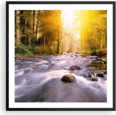 Produktbild von Gerahmtes Poster - Schwarzer Rahmen - Herbst Wald Berg Fluss - 60x60 cm - Wand Bild - Wanddeko - Wandbilder - Kunstposter - Wandposter - Bilderrahmen - Bilder - Kunstdruck - Wandbild - P2BAC60x60-0504