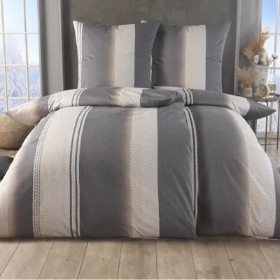 Produktbild von Malika Baumwoll-Bettwäsche 4-teilig, 2 × 135 × 200 + 2 × 80 × 80 cm, Grau-Beige Streifenmuster