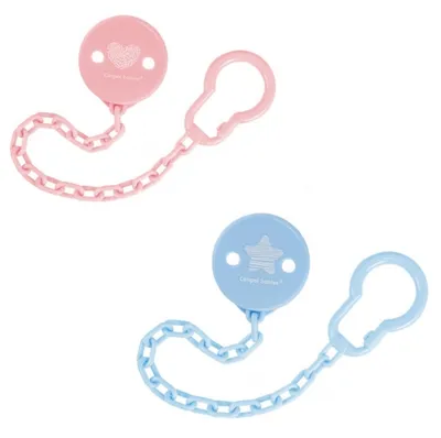Two pacifier clips, one pink and one blue, are shown against a white background.