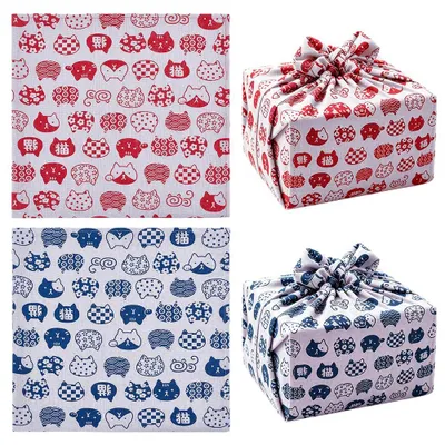 Baumwolltaschentücher 2er-Set, Katzenprint, blau/rot, 70 x 70 cm
