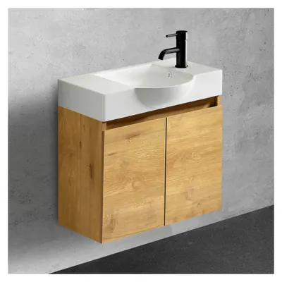 Produktbild von Waschtisch mit Unterschrank 55 cm Breite | Waschbecken mit Unterschrank für Badmöbel | Kompaktes Waschbecken für Gäste-WC | Waschbeckenunterschrank Badezimmermöbel (Eiche Natur)