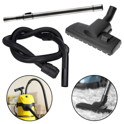 A collage of vacuum cleaner accessories and a vacuum cleaner.