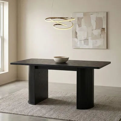 Produktbild von Esstisch GUARDA 160 x 75 cm, Schwarz MDF - Rechteckiger Esszimmertisch mit Designfuß in Lamellenoptik, moderner Küchentisch für 6 Personen elegant