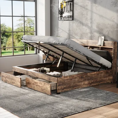 Produktbild von Flieks Metallbett Jugendbett 160x200cm mit 2 Schubladen, Hydraulisches Doppelbett mit Lattenrost, Stauraumbett Boxspringbett mit Kopfteil, Schwarz