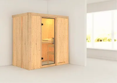 Produktbild von Elementsauna Karibu Mariado ohne Ofen und Dachkranz mit Ganzglastüre aus Klarglas