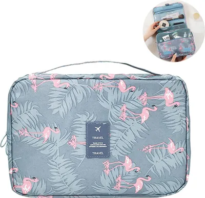 Produktbild von Kulturbeutel zum Aufhängen, für Damen und Mädchen,grau + pink,flamingo