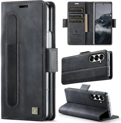 Collage of product images showing a black leather phone case for a Samsung Galaxy Z Fold.