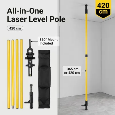 Obrázek produktu pro Teleskopická tyč pro laser 365–420 cm, adaptér 5/8"-11 a 1/4"-20 pro rotační a čárové lasery