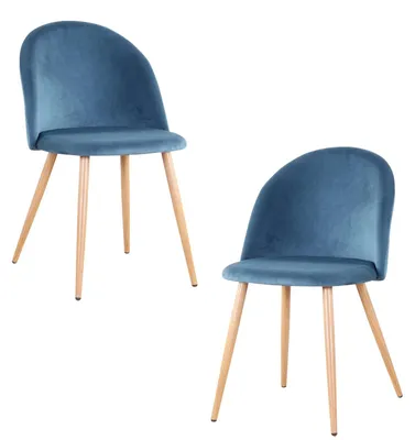 2er-Set Samt-Esszimmerstühle, Blau, mit Eisengestell, Holzoptik