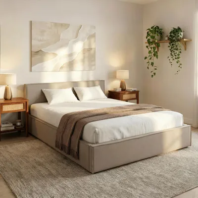 Produktbild von Polsterbett PESARO 160x200 cm, Greige– modernes Doppelbett mit Lattenrost, Stoffbezug aus 100% Polyester in Leinen Optik, mit Kopfteil für Schalfzimmer