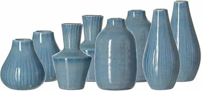 Imagen del producto de Conjunto de 8 jarrones decorativos, pequeños, en estilo escandinavo-bohemio, de porcelana con esmalte reactivo. Incluye 2 jarrones de cada diseño, en color azul