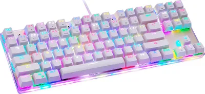 A white mechanical gaming keyboard with RGB backlighting.