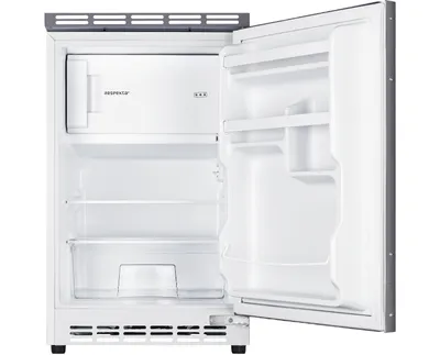 An open, empty mini-refrigerator.