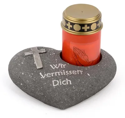 Produktbild von Novaliv Grabschmuck Herz Anthrazit mit Kreuz Spruch Wir vermissen Dich inkl. LED Grablicht Rot Grabdeko Grabherz Wetterfest Grabdekoration Gedenkstein Teelichthalter Trauerstein