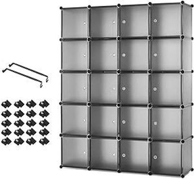 Mondeer Kleiderschrank DIY 20 Kubus Kunststoff Kleiderschrank Regalsystem mit 2 Kleiderstange Garderobenschrank Kombischrank 145*180*37cm Grau