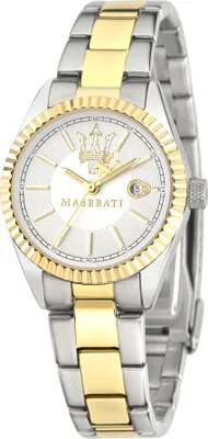 A close-up studio shot of a two-tone watch.