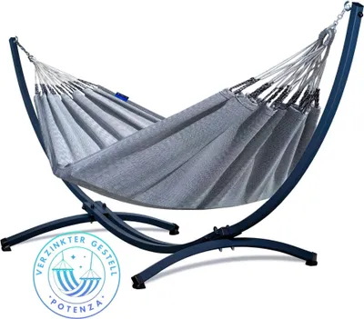 Produktbild von Potenza Outdoor Medelin Hängematte mit Gestell für 2 Personen I 100% Baumwolle Doppelhängematte 220x140, 160kg I Hängemattengestell 220kg, wetterfest