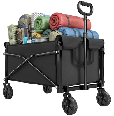 Produktbild von 80L Festivalwagen auf Rädern, kompakter faltbarer Gartenwagen mit verstellbarem Griff, Schwarz