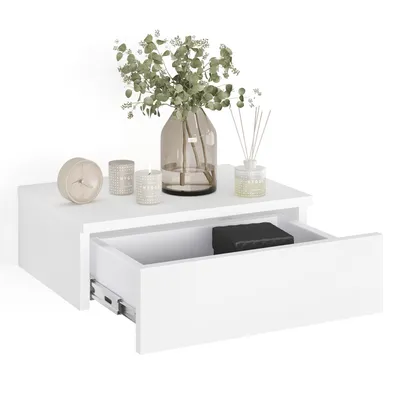 Produktbild von KOMTO Wandregal mit Schublade Weiß - Nachttisch Hängend Nachttisch Wandmontage Wandschublade Nachtschrank Hängend | Monaco 46 x 30 x 15 cm