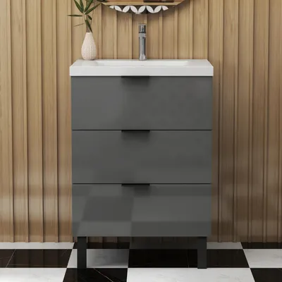Produktbild von Badmöbel Set Hochglanz Dunkelgrau 60cm Dickes Keramik Waschbecken mit Unterschrank Badezimmermöbel mit 3 Schubladen und 2 Füßen Hängeschrank
