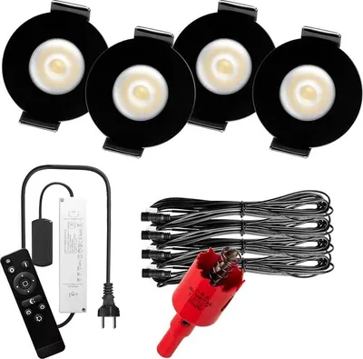 Produktbild von S-Polylight PREMIUM Mini LED- Einbauspots Kaltweiß 6.000K, DIMMBAR, IP65, FUNK 3W LED Einbaustrahler Terrassenüberdachung, Terrassenbeleuchtung, Bad, Sauna, LED Spots mit Fernbedienung (SCHWARZ, 4x LED-SET)