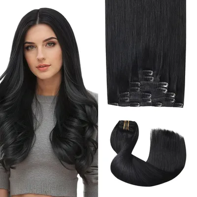 Image de Extensions à clipser, cheveux naturels, 120g, 7 pièces, 35 cm, noir profond, qualité Remy