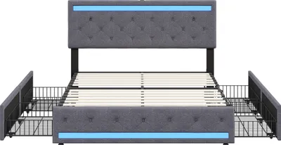 Obrázek produktu pro Čalouněná postel Fortuna Lai 180x200 cm v šedé barvě, funkční postel se 4 zásuvkami, výškově nastavitelné čelo, LED a USB zásuvka, lněný potah
