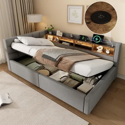 Immagine prodotto di Letto imbottito multifunzione Merax, 90x200 cm, divano letto con spazio contenitore idraulico, striscia LED, scaffale, porta USB, rivestito in lino, colore grigio