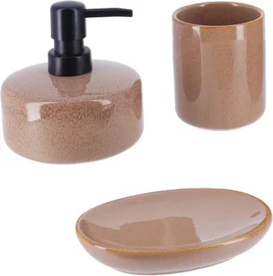 Produktbild von Becherset seifenspender und seifenschale aus lackiertem holz - karamell - Tendance