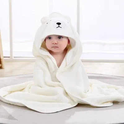 Produktbild von Weiches Babybadetuch/Babyjäger, 80 x 80 cm, mit Kapuze, superabsorbierend, um den Baby warm zu halten, weiß.