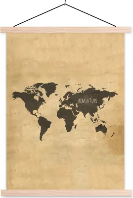 Produktbild von MuchoWow® Textilposter Weltkarte - Vintage - Zitat 60x80 cm mit holzfarbenen Rahmen - Wandbild