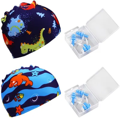 2 Stück Kinderschwimmkappen mit Cartoon-Design, inkl. Nasenclips und Ohrstöpsel