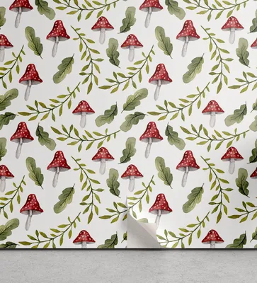 Produktbild von ABAKUHAUS Pilz abziehbare & klebbare Tapete für Zuhause, Blätter Wald Elements, selbstklebendes Wohnzimmer Küchenakzent, 33 cm x 90 cm, Resedagrün Rubin