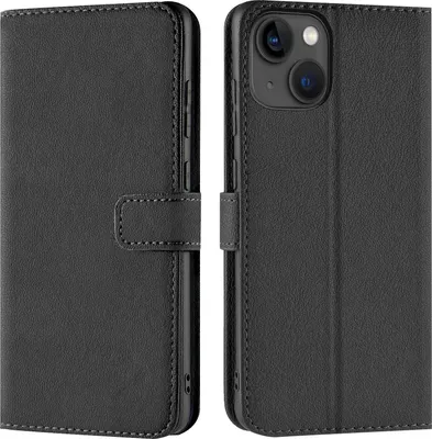 A black flip case for an iPhone 13 Mini is shown from two angles, one open and one closed.
