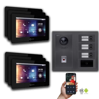 Produktbild von Goliath 2-Draht BUS Video Türsprechanlage: 6 Familienhaus, Fingerprint, RFID, Anthrazit : Unterputzdose : 7 Zoll in Schwarz Monitor Auswahl: 7 Zoll in Schwarz Türklingel Montagedose: Unterputzdose
