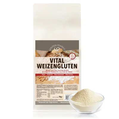 Produktbild von GOLDEN PEANUT Vital Weizengluten 1 kg - natürliches Verdickungsmittel rein pflanzlich, Weizeneiweiß, Seitan, kalorienarme Speisestärke, Backen, Kochen
