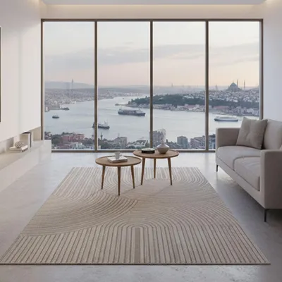 A modern living room with a large window overlooking a city and a body of water. A rug is placed in the center of the room with two coffee tables on top of it.